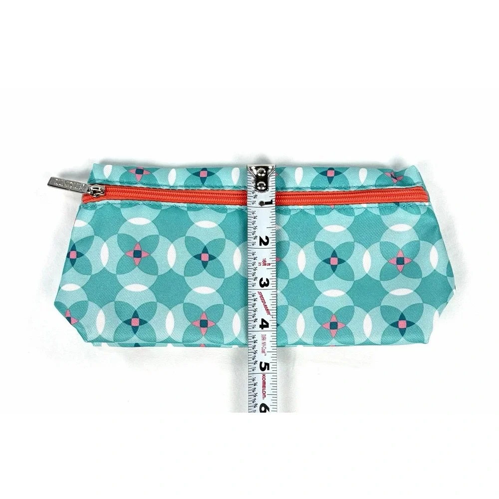 Clinique Cosmetic Pouch Makeup Bag Teal Geometric Circle Print Orange Zip New